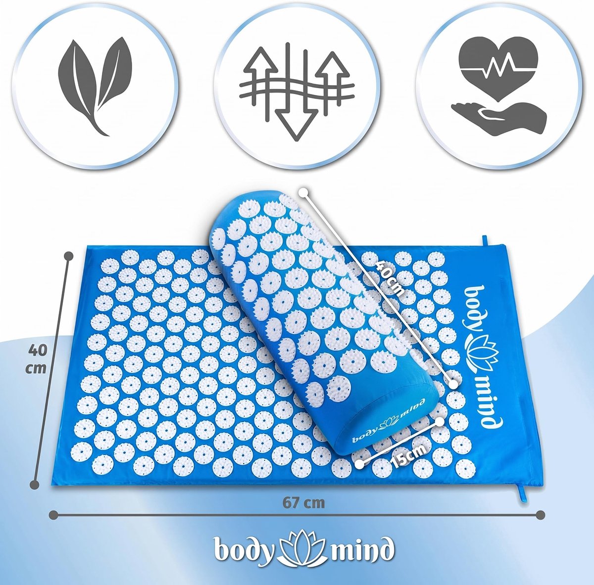 SnelShoppen - Accupressuurmat Yogi Nagelmat en Massagemat Acupunctuurmat voor Ontspanning L (75x42cm) met Kussen - Ideaal voor Thuis, Yoga, Stressverl