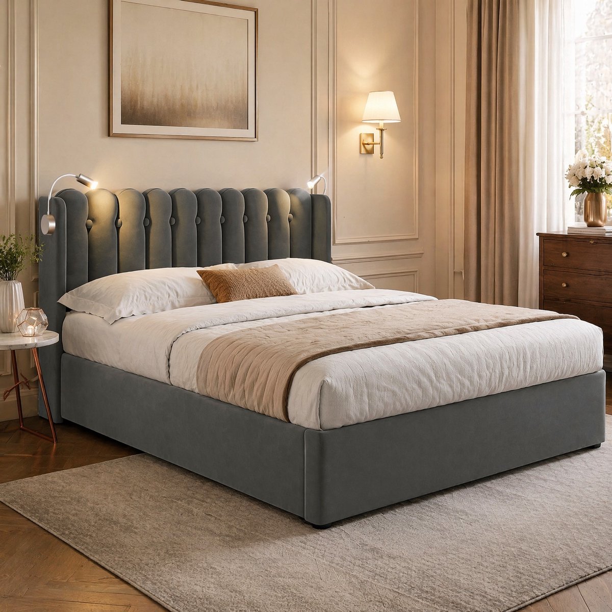 WUVRIE Tweepersoonsbed 140x200 cm met opbergruimte, leeslampen en 2 USB-poorten, grijs