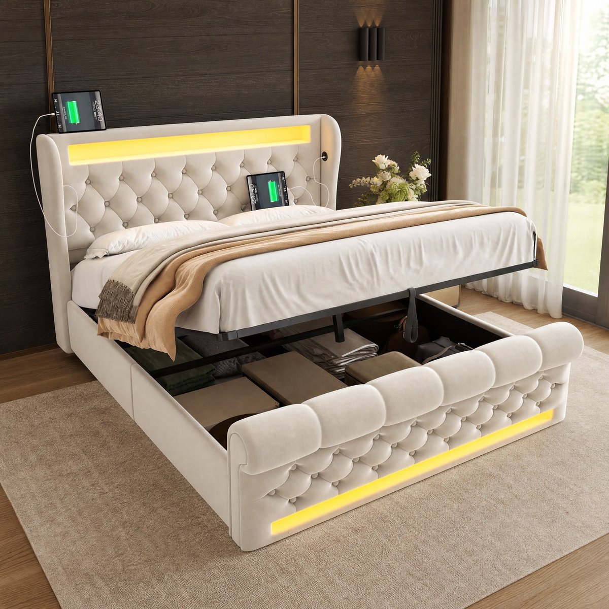 WUVRIE Gestoffeerd tweepersoonsbed 140x200 cm met LED, USB en Type-C, opbergruimte, beige