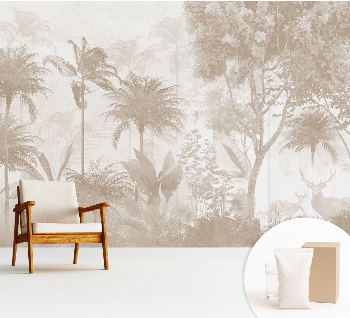Wallfluent Fotobehang - Beige Vliesbehang - 312x219 cm - Tropisch Landschap Fotobehang Vlies - Hal behang Bloemen En Planten - Muurschildering - Woonkamer behang