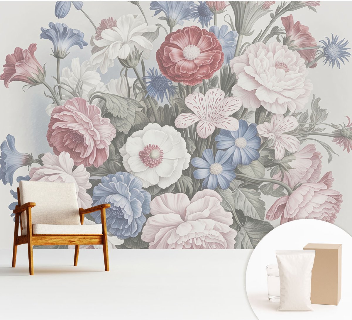 Wallfluent Fotobehang - Wit Vliesbehang - 312x219 cm - Kleurrijk Boeket Muurschildering - Gang behang Bloemen En Planten - Fotobehang Vlies - Slaapkamer behang