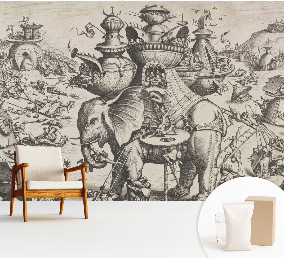 Wallfluent Fotobehang - Zwart-Wit Vliesbehang - 312x219 cm - Een Groteske Strijd Fotobehang Vlies - Woonkamer behang Deel - Muurschildering - Woonkamer behang