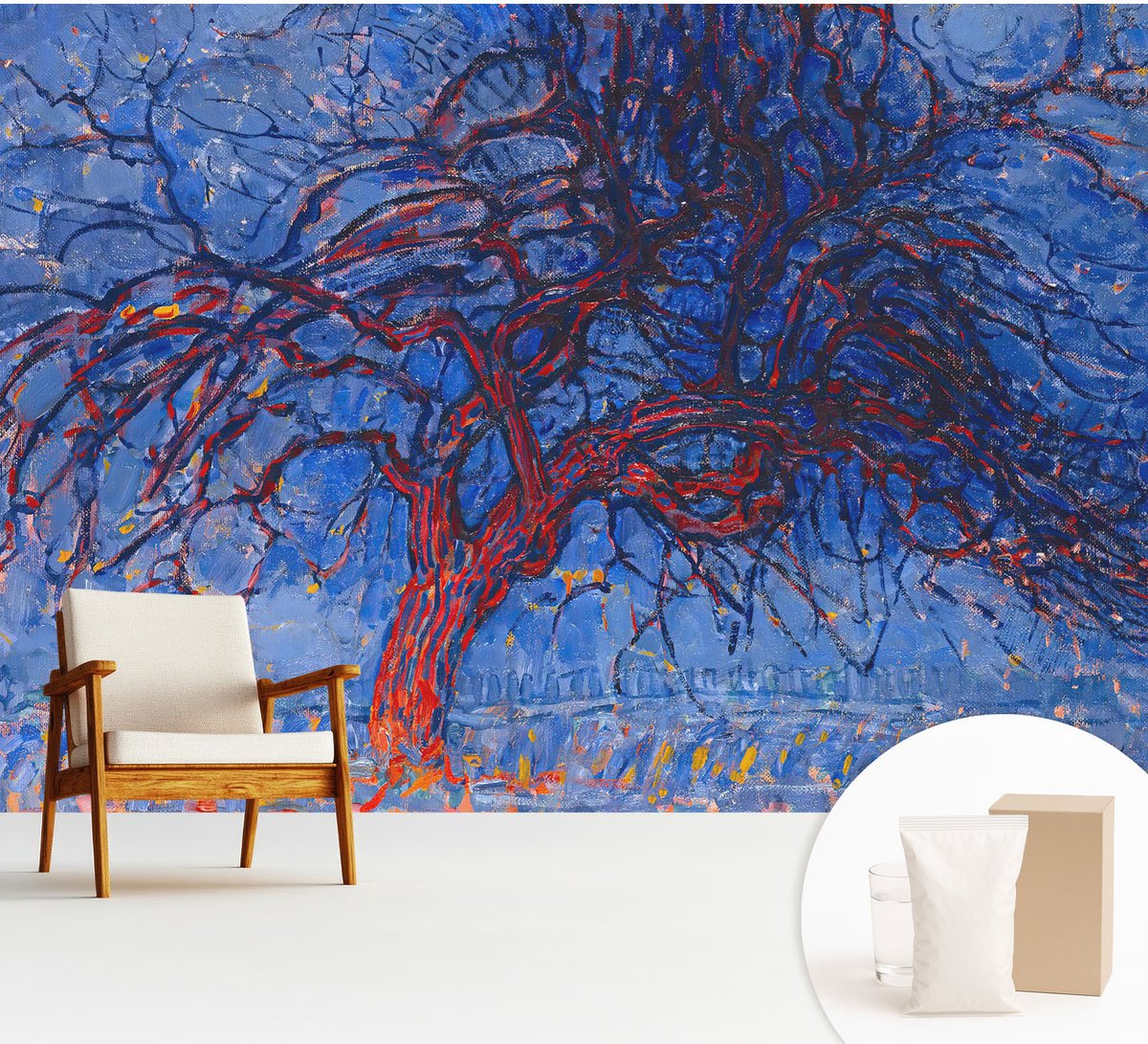 Wallfluent Fotobehang - Blauw Vliesbehang - 312x219 cm - Vlammenboom Muurschildering - Slaapkamer behang Deel - Fotobehang Vlies - Slaapkamer behang