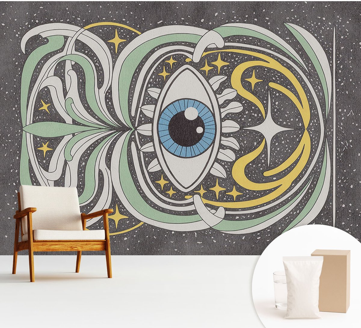 Wallfluent Fotobehang - Zwart Vliesbehang - 312x219 cm - Symmetrisch Oog Fotobehang Vlies - Woonkamer behang Abstractie - Muurschildering - Hal behang