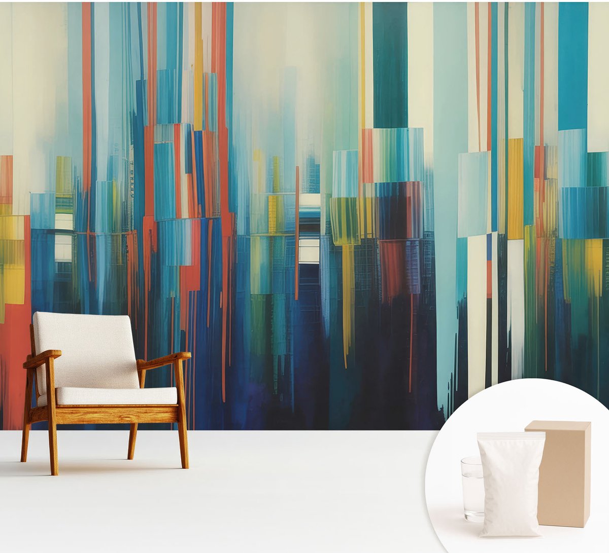 Wallfluent Fotobehang - Blauw Vliesbehang - 312x219 cm - Abstracte Strepen Fotobehang Vlies - Woonkamer behang Abstractie - Muurschildering - Woonkamer behang