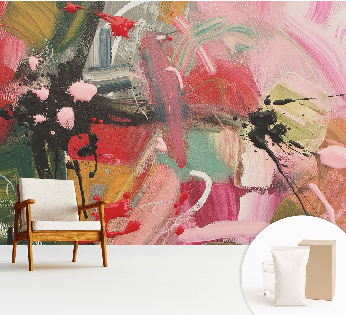 Wallfluent Fotobehang - Roze Vliesbehang - 312x219 cm - Kleurrijke Chaos Muurschildering - Slaapkamer behang Achtergronden En Patronen - Fotobehang Vlies - Slaapkamer behang