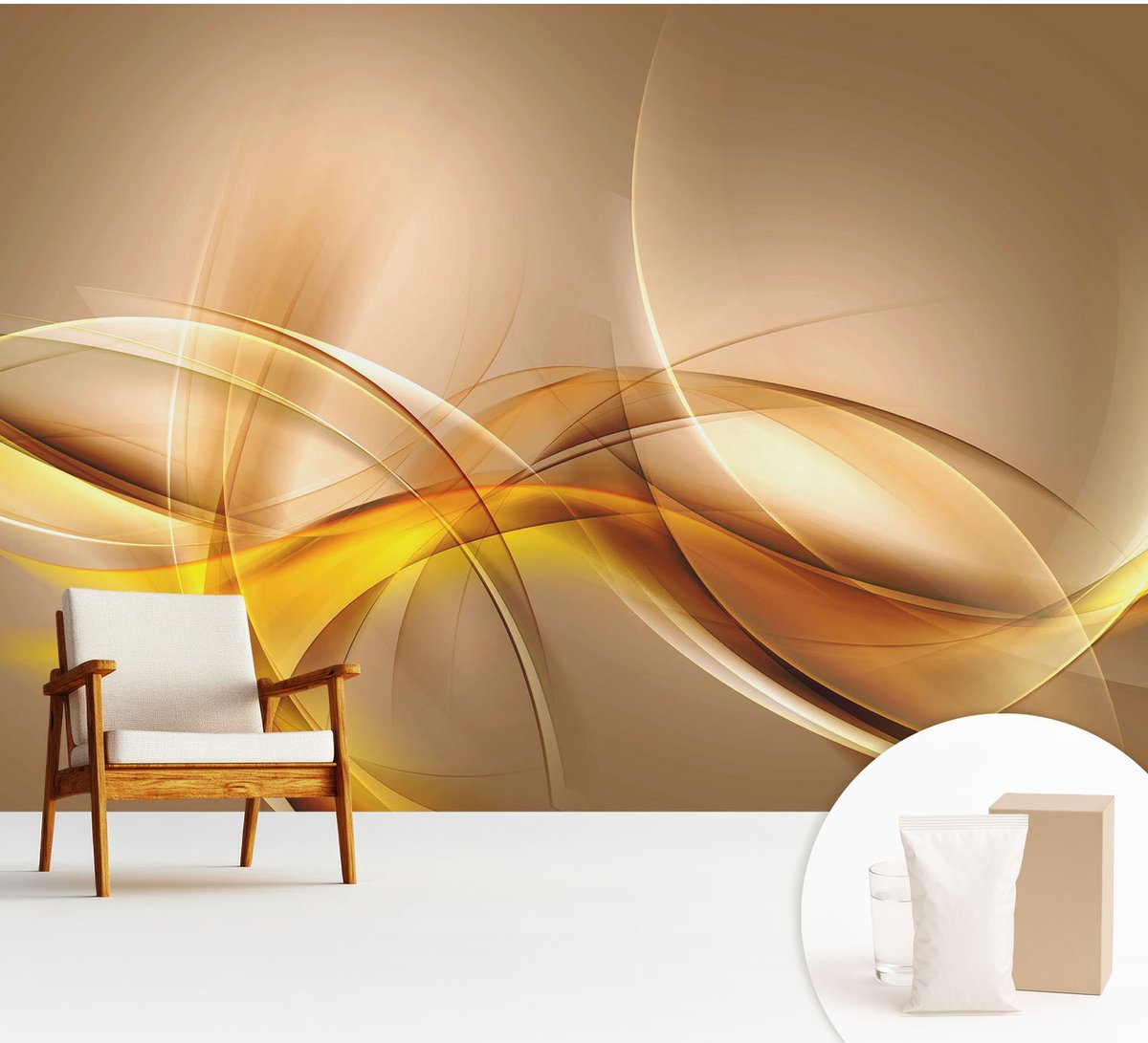 Wallfluent Fotobehang - Beige Vliesbehang - 312x219 cm - Zachte Lijnen Muurschildering - Slaapkamer behang Abstractie - Fotobehang Vlies - Slaapkamer behang