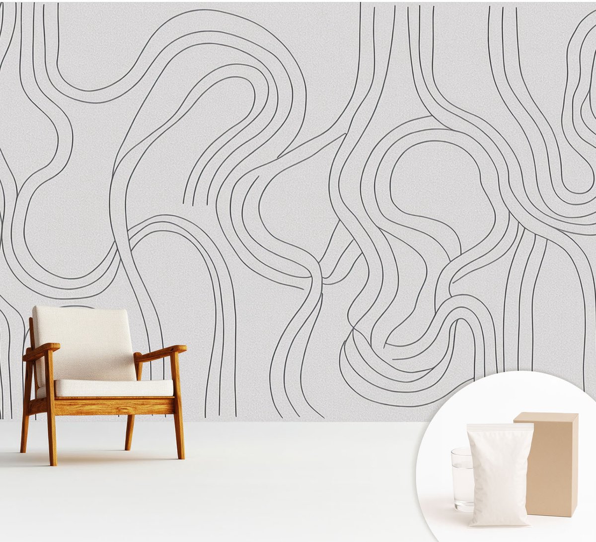 Wallfluent Fotobehang - Wit Vliesbehang - 312x219 cm - Organische Lijnen Fotobehang Vlies - Woonkamer behang Abstractie - Muurschildering - Woonkamer behang