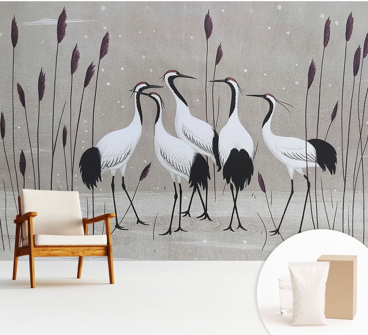 Wallfluent Fotobehang - Grijs Vliesbehang - 312x219 cm - Een Zwerm Kraanvogels Muurschildering - Slaapkamer behang Dieren - Fotobehang Vlies - Gang behang