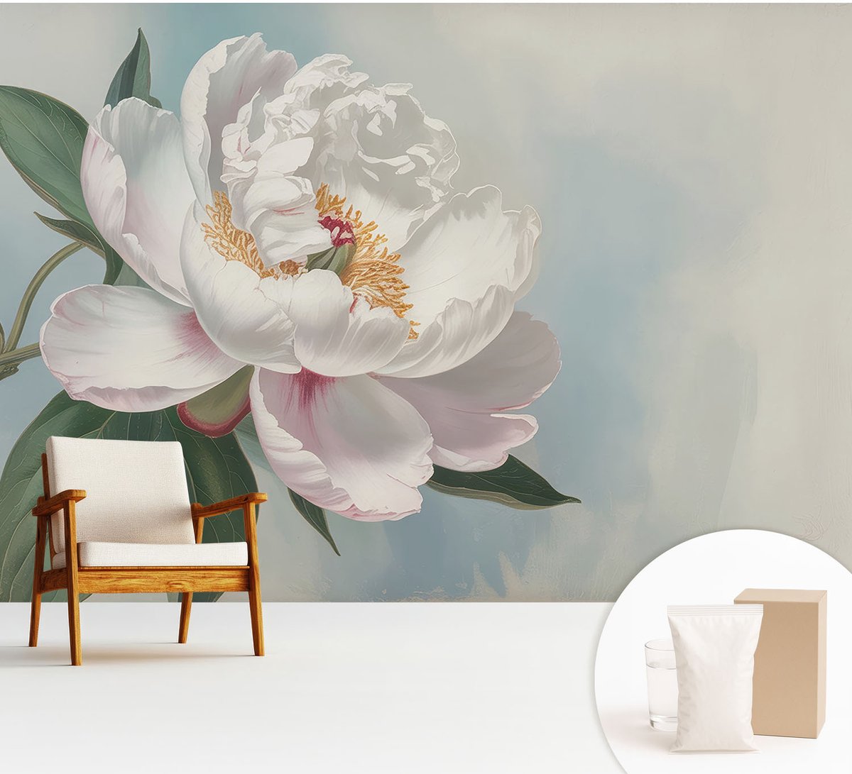 Wallfluent Fotobehang - Wit Vliesbehang - 312x219 cm - Prachtige Pioenroos Fotobehang Vlies - Woonkamer behang Bloemen En Planten - Muurschildering - Woonkamer behang