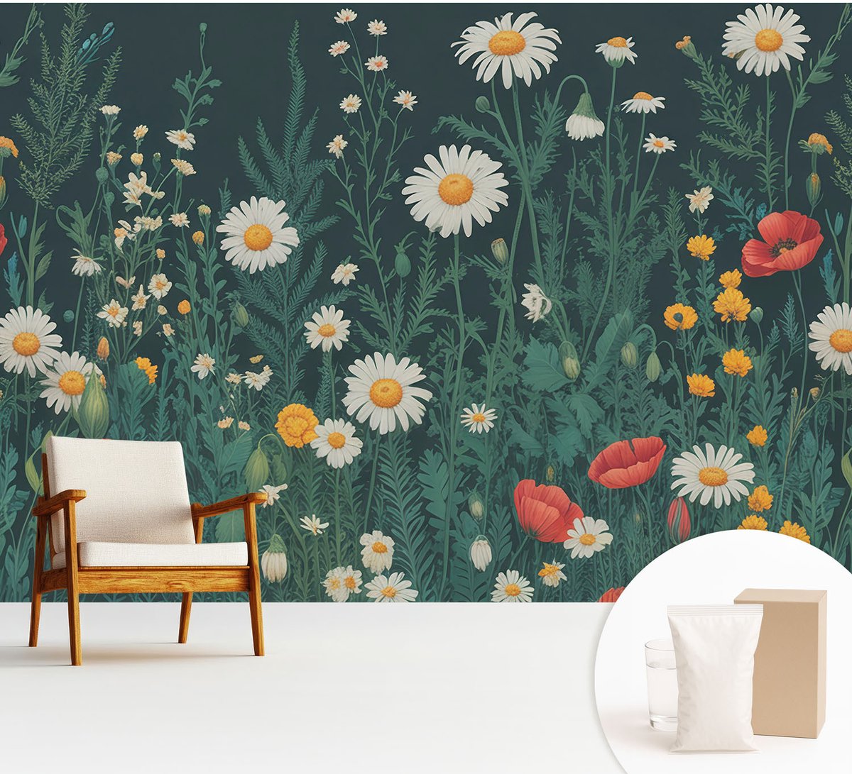 Wallfluent Fotobehang - Groente Vliesbehang - 312x219 cm - Wilde Bloemen Fotobehang Vlies - Woonkamer behang Bloemen En Planten - Muurschildering - Woonkamer behang