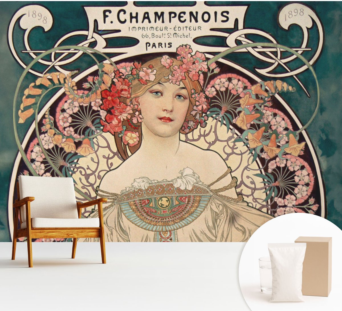 Wallfluent Fotobehang - Grijs Vliesbehang - 312x219 cm - Bloemsymmetrie Muurschildering - Gang behang Deel - Fotobehang Vlies - Slaapkamer behang