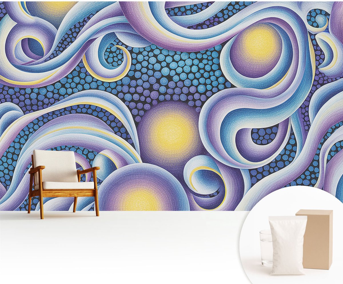 Wallfluent Fotobehang - Blauw Vliesbehang - 416x254 cm - Kleurrijke Wervelingen Muurschildering - Slaapkamer behang Abstractie - Fotobehang Vlies - Slaapkamer behang