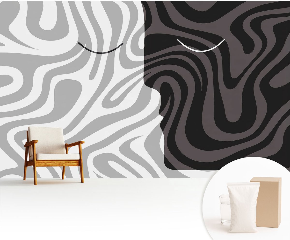Wallfluent Fotobehang - Grijs Vliesbehang - 416x254 cm - Abstracte Gezichten Fotobehang Vlies - Hal behang Abstractie - Muurschildering - Woonkamer behang