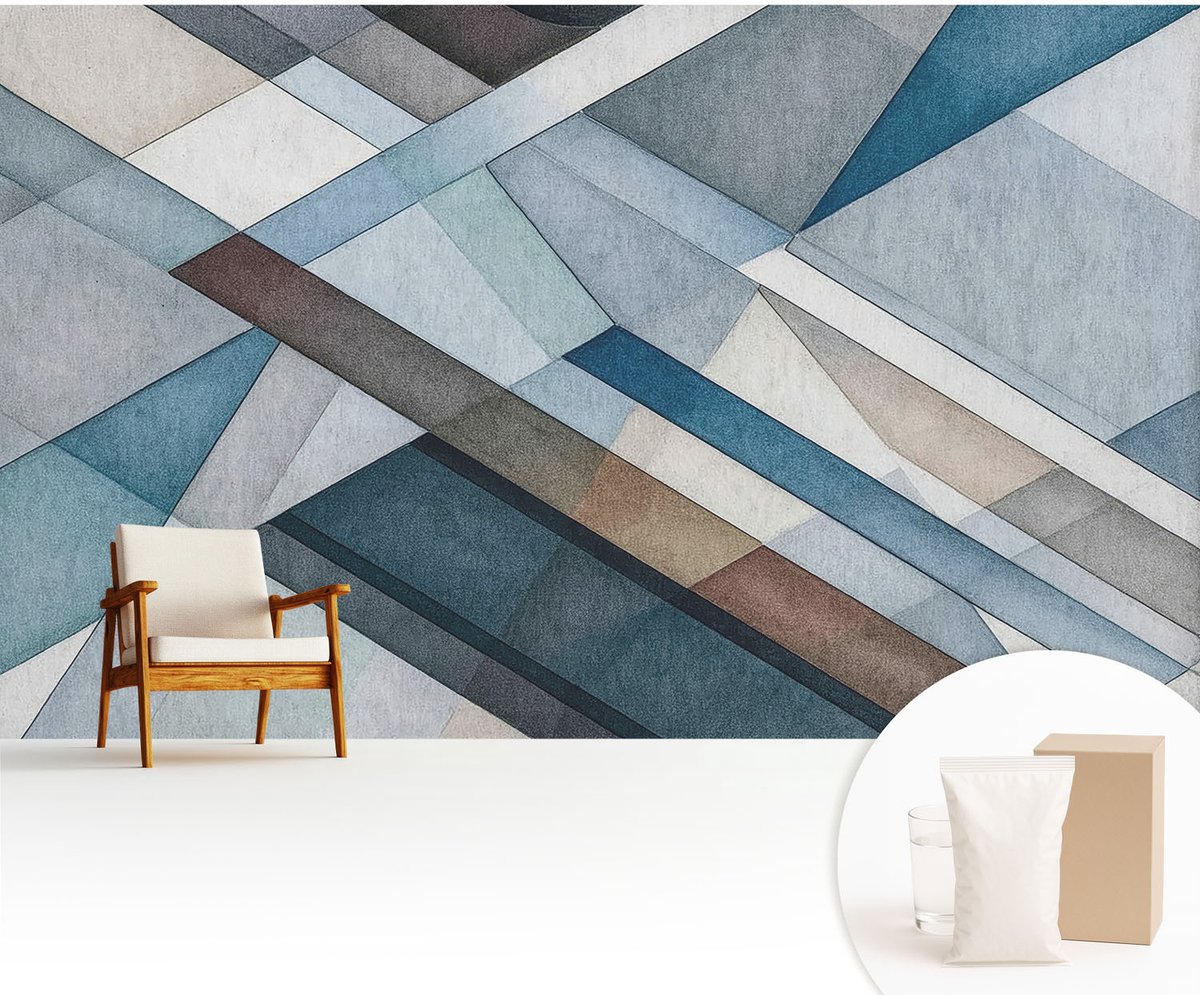 Wallfluent Fotobehang - Blauw Vliesbehang - 416x254 cm - Abstracte Geometrie Fotobehang Vlies - Hal behang Geometrie - Muurschildering - Hal behang