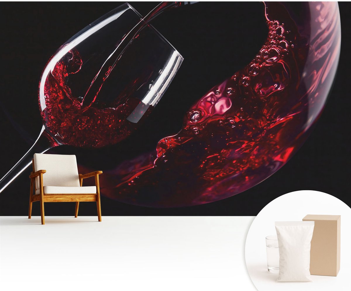 Wallfluent Fotobehang - Zwart Vliesbehang - 416x254 cm - Rode Wijn Fotobehang Vlies - Hal behang Voedsel - Muurschildering - Woonkamer behang