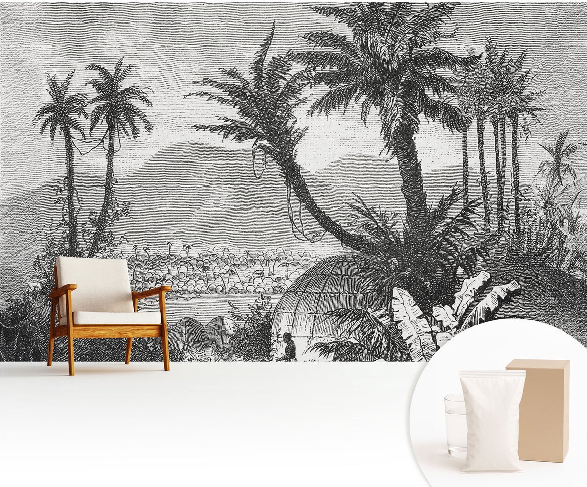 Wallfluent Fotobehang - Zwart-Wit Vliesbehang - 416x254 cm - Tropische Oase Muurschildering - Slaapkamer behang Landschappen - Fotobehang Vlies - Gang behang