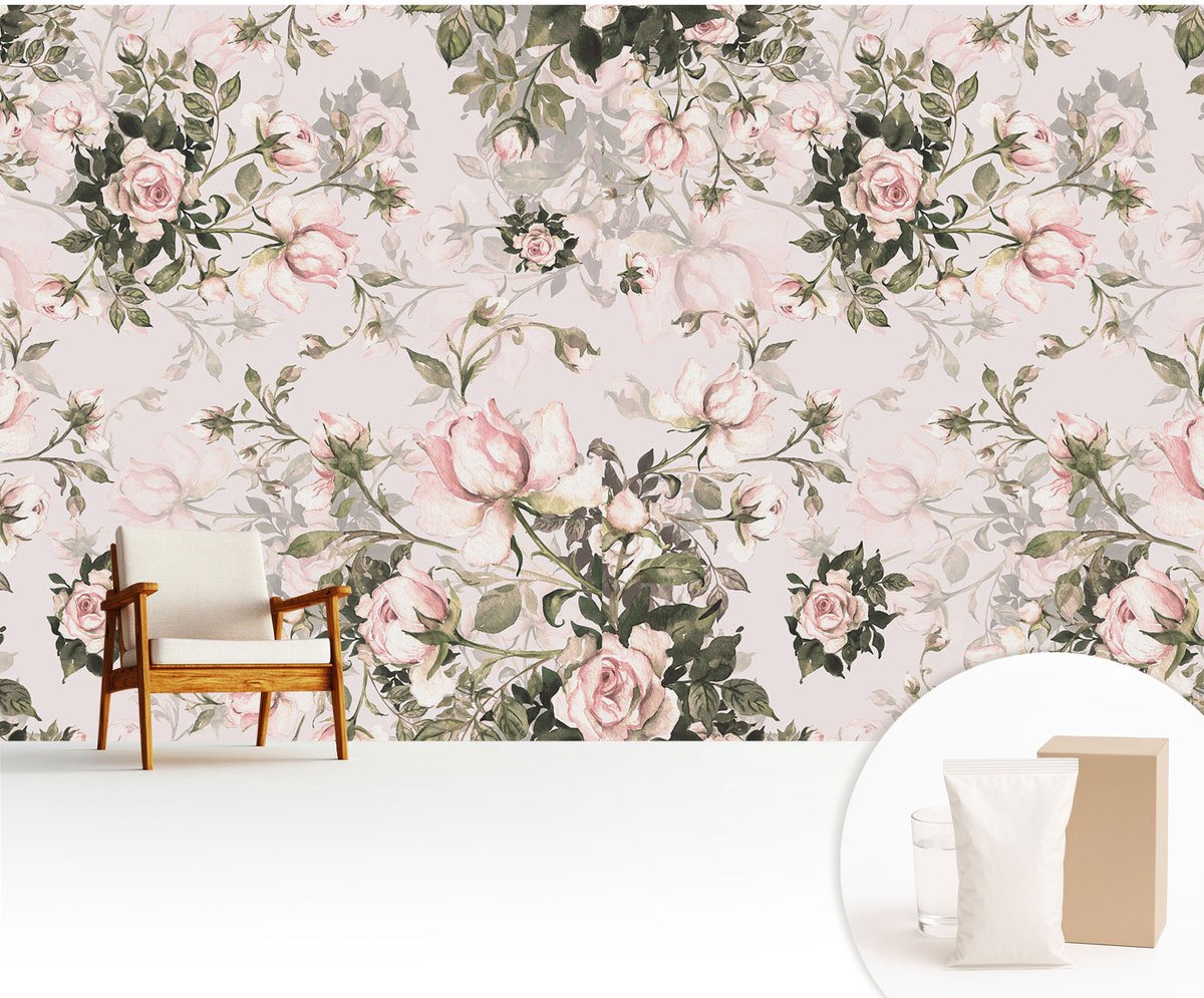 Wallfluent Fotobehang - Roze Vliesbehang - 416x254 cm - Bloemenpatroon Muurschildering - Gang behang Bloemen En Planten - Fotobehang Vlies - Slaapkamer behang