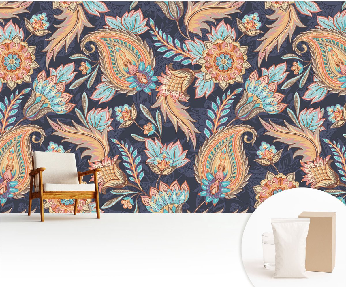 Wallfluent Fotobehang - Marine Vliesbehang - 416x254 cm - Bloemenpatroon Muurschildering - Gang behang Bloemen En Planten - Fotobehang Vlies - Slaapkamer behang