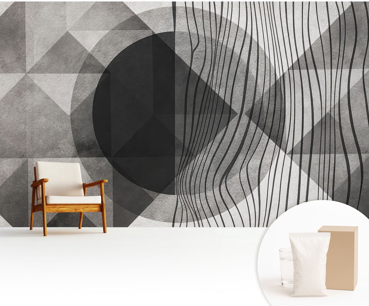 Wallfluent Fotobehang - Zwart-Wit Vliesbehang - 416x254 cm - Abstracte Vormen Fotobehang Vlies - Woonkamer behang Abstractie - Muurschildering - Woonkamer behang