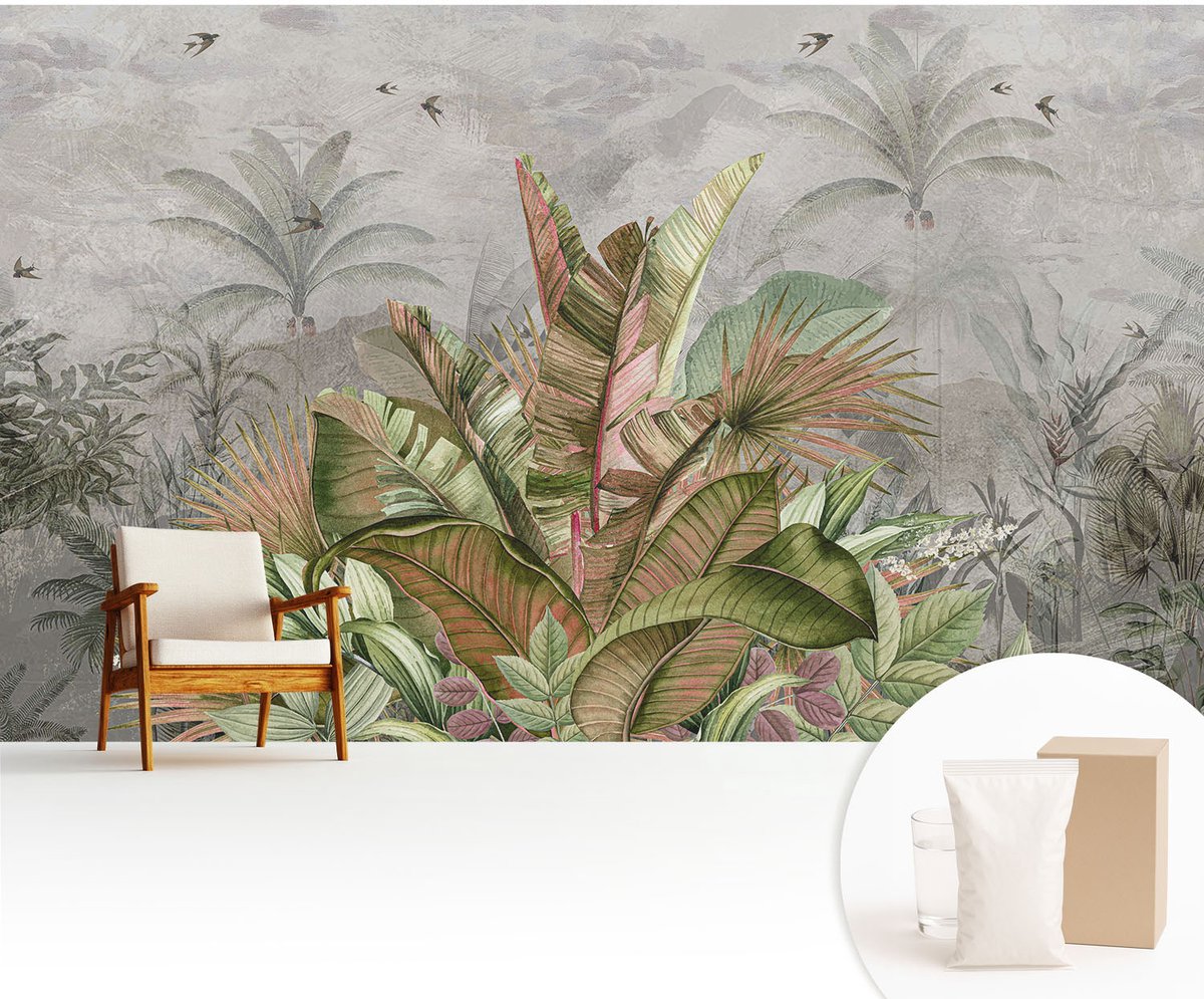 Wallfluent Fotobehang - Grijs Vliesbehang - 416x254 cm - Exotische Jungle Muurschildering - Gang behang Bloemen En Planten - Fotobehang Vlies - Slaapkamer behang
