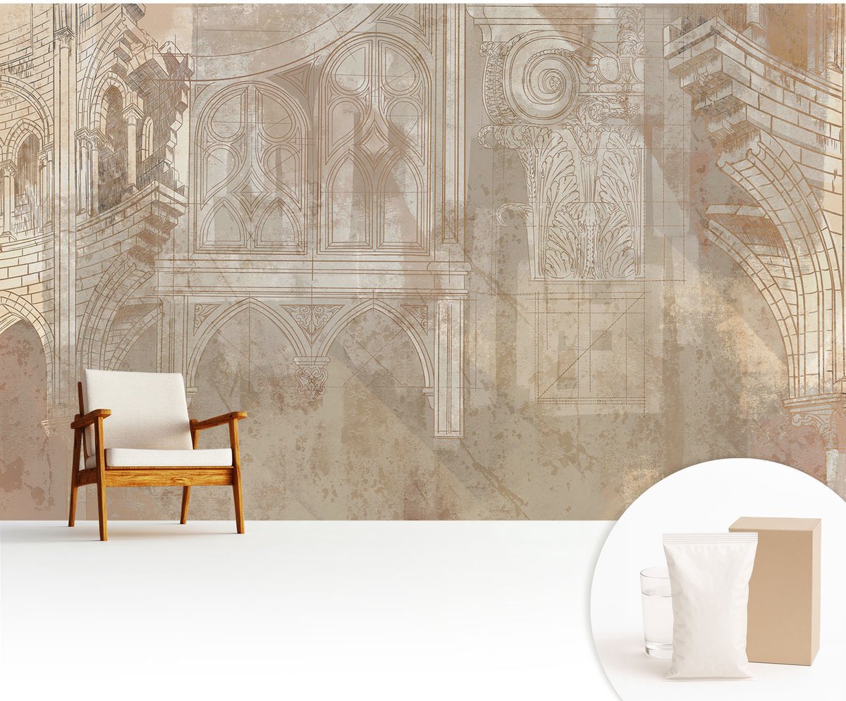 Wallfluent Fotobehang - Wit Vliesbehang - 416x254 cm - Historische Ornamenten Fotobehang Vlies - Woonkamer behang Architectuur - Muurschildering - Woonkamer behang