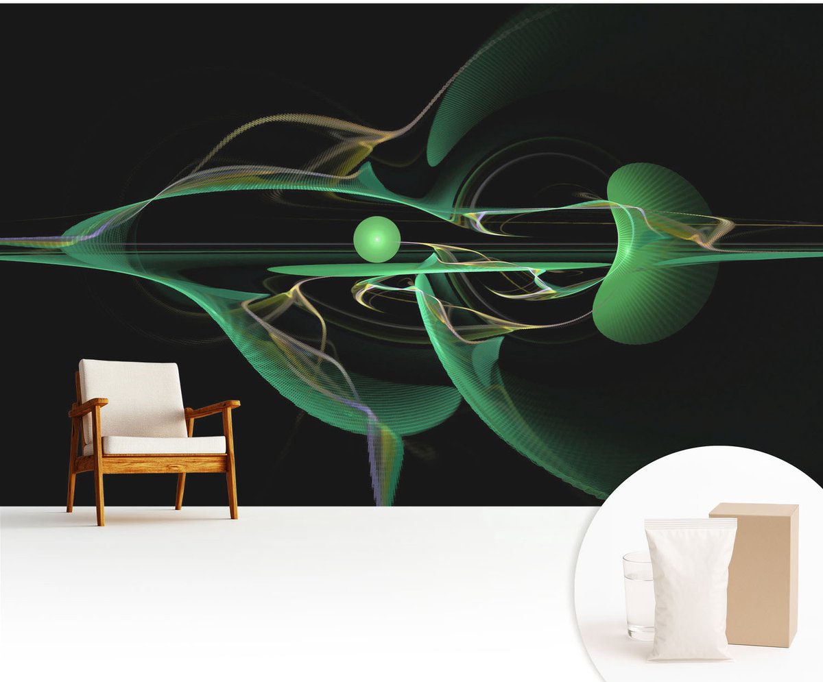 Wallfluent Fotobehang - Zwart Vliesbehang - 416x254 cm - Groene Golven Muurschildering - Slaapkamer behang Abstractie - Fotobehang Vlies - Slaapkamer behang