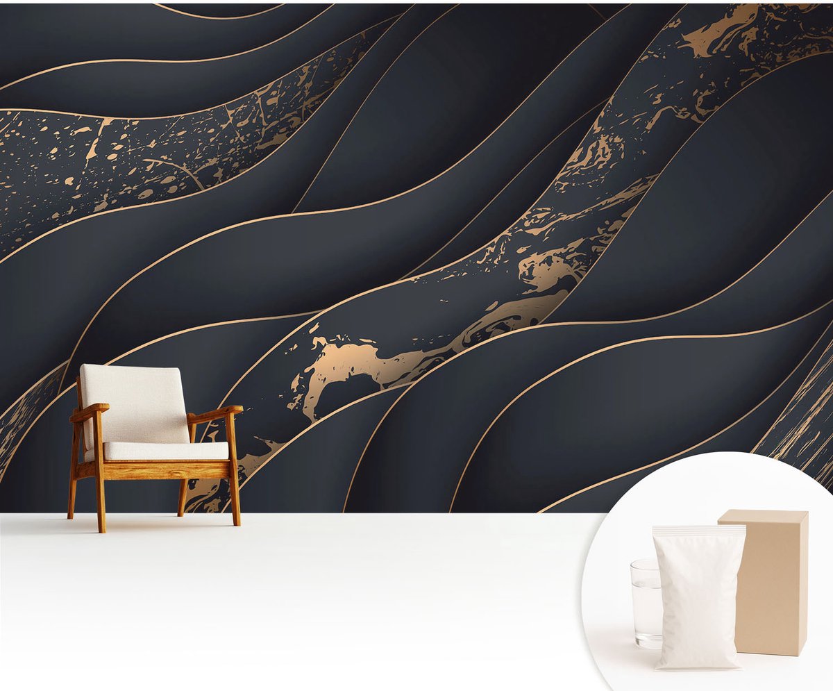 Wallfluent Fotobehang - Zwart Vliesbehang - 416x254 cm - Elegante Golven Fotobehang Vlies - Woonkamer behang Abstractie - Muurschildering - Woonkamer behang