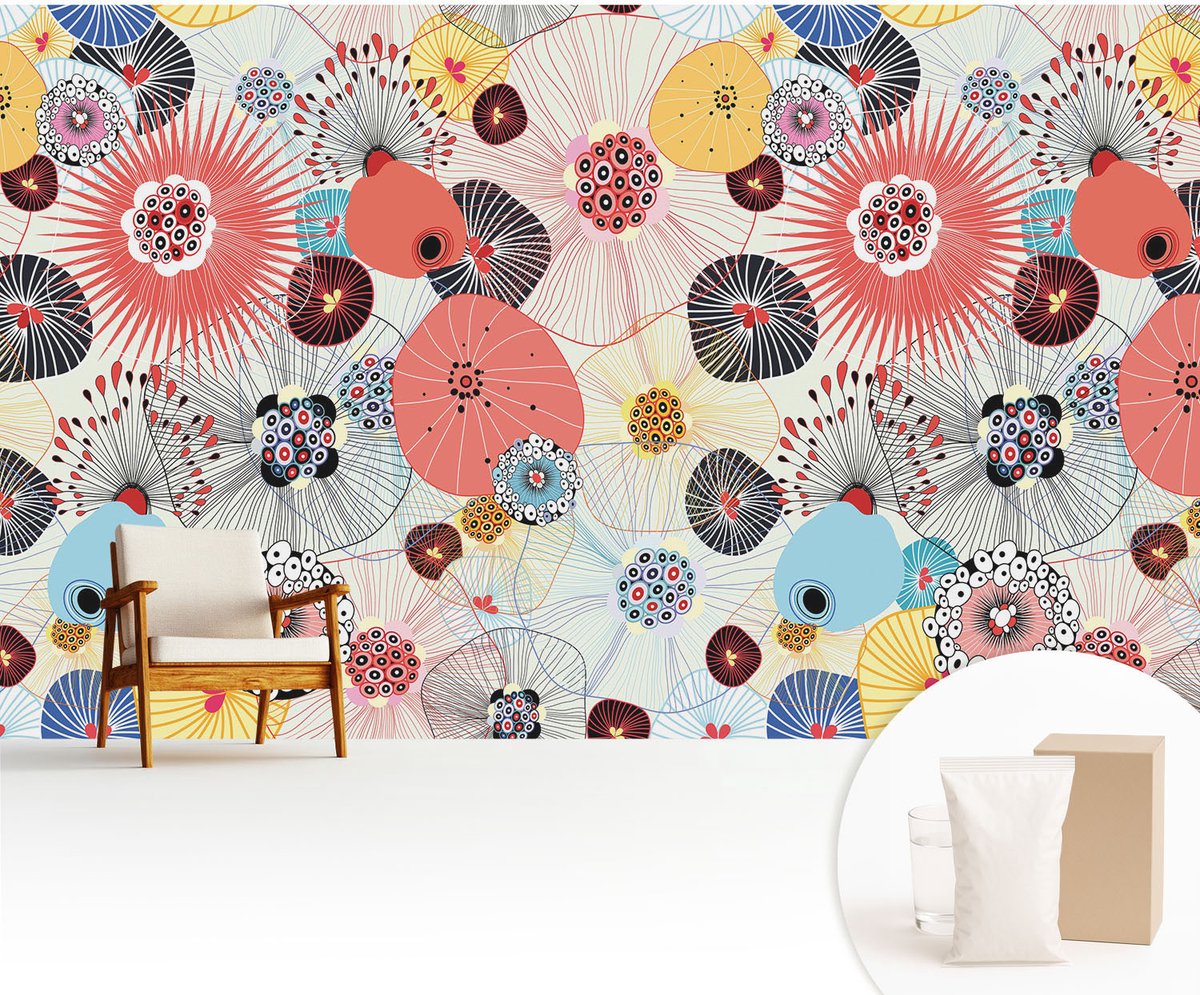 Wallfluent Fotobehang - Rood Vliesbehang - 416x254 cm - Kleurrijke Bloemen Muurschildering - Gang behang Abstractie - Fotobehang Vlies - Slaapkamer behang