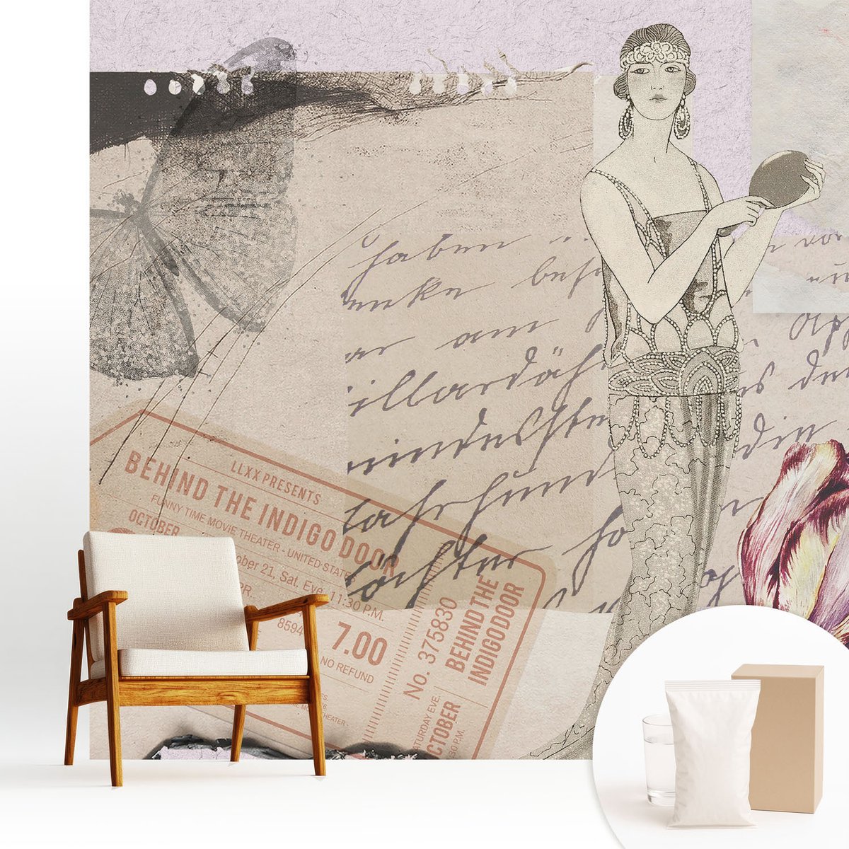 Wallfluent Fotobehang - Grijs Vliesbehang - 250x250 cm - Nostalgische Collage Fotobehang Vlies - Woonkamer behang Deel - Muurschildering - Hal behang