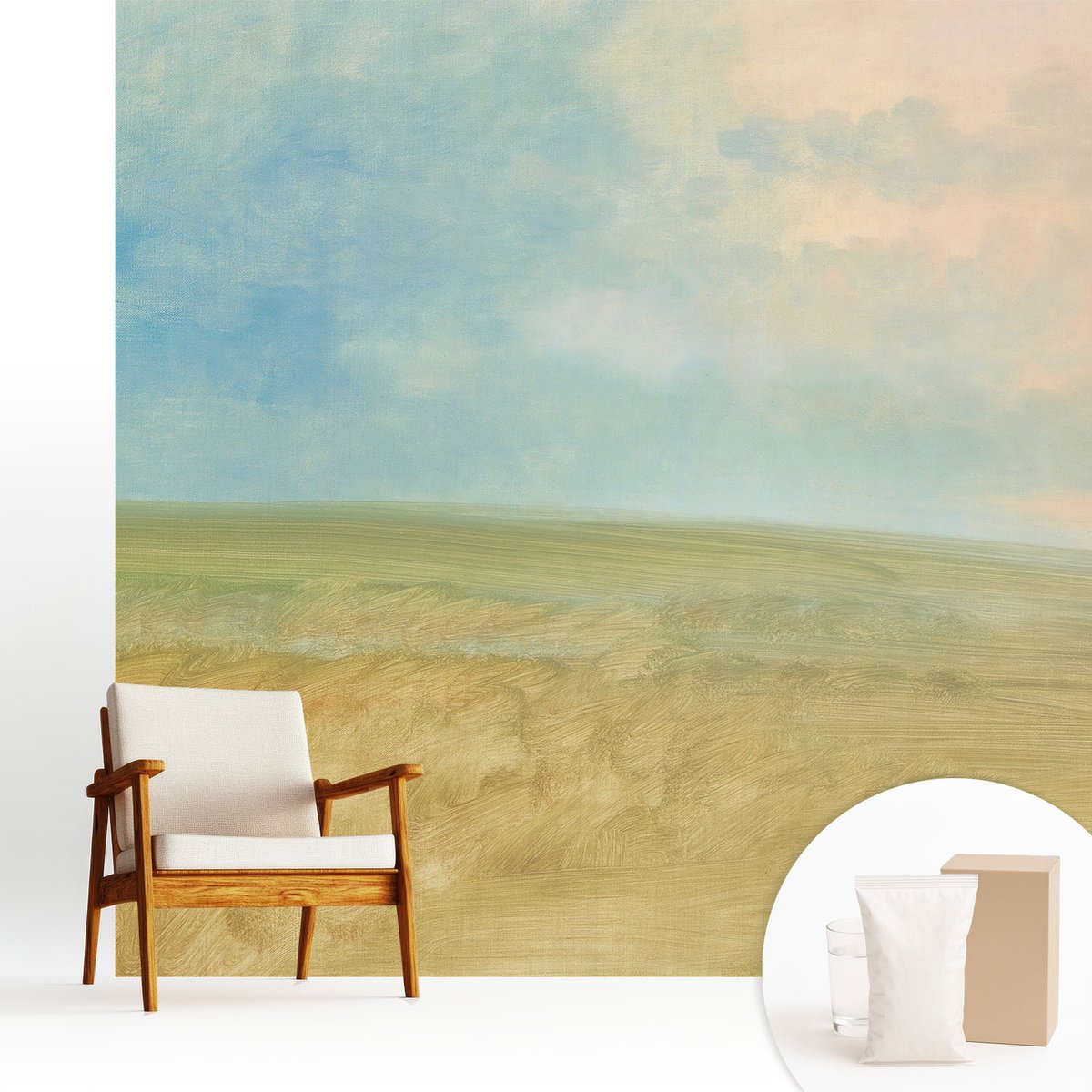 Wallfluent Fotobehang - Blauw Vliesbehang - 250x250 cm - Pastelkleurige Velden Fotobehang Vlies - Woonkamer behang Landschappen - Muurschildering - Woonkamer behang