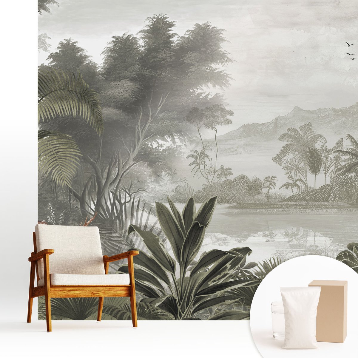 Wallfluent Fotobehang - Grijs Vliesbehang - 250x250 cm - Tropische Oase Muurschildering - Gang behang Landschappen - Fotobehang Vlies - Gang behang