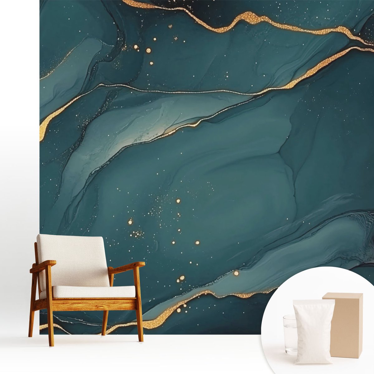 Wallfluent Fotobehang - Turkoois Vliesbehang - 250x250 cm - Donkerblauwe Abstractie Muurschildering - Slaapkamer behang Abstractie - Fotobehang Vlies - Slaapkamer behang