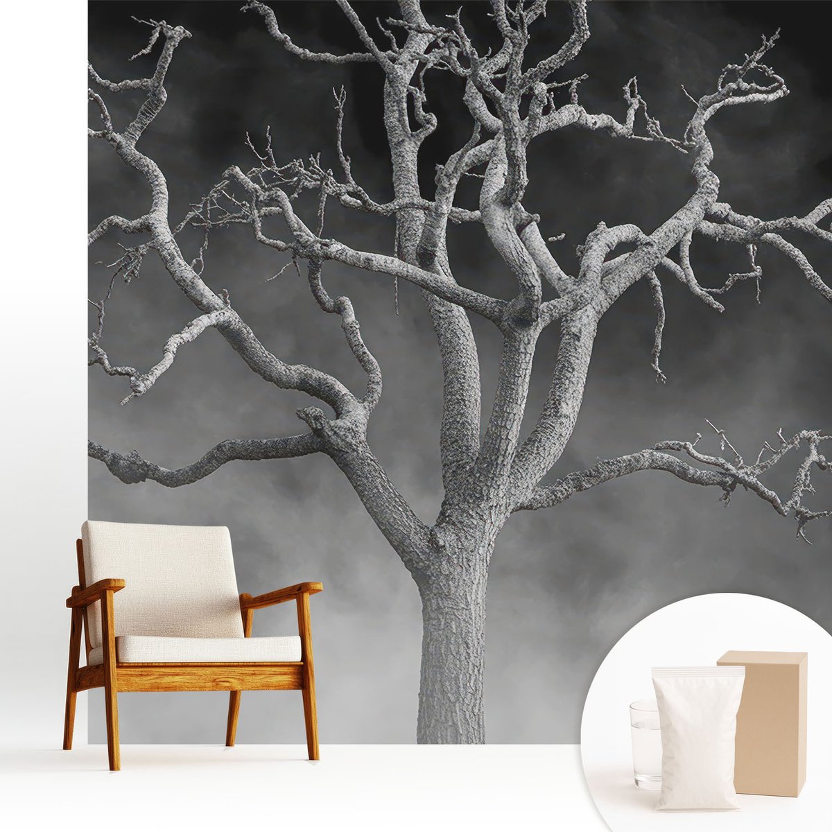 Wallfluent Fotobehang - Zwart-Wit Vliesbehang - 250x250 cm - Mistige Boom Fotobehang Vlies - Hal behang Bloemen En Planten - Muurschildering - Woonkamer behang