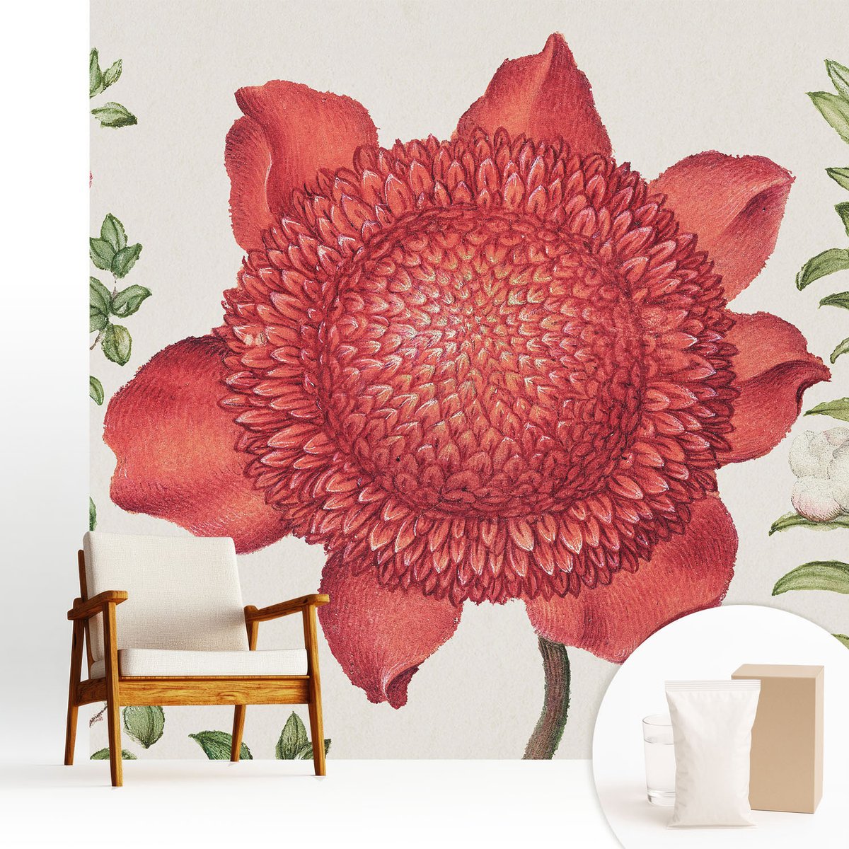Wallfluent Fotobehang - Rood Vliesbehang - 250x250 cm - Bloemige Elegantie Fotobehang Vlies - Woonkamer behang Bloemen En Planten - Muurschildering - Hal behang