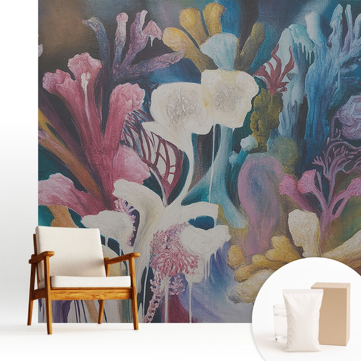 Wallfluent Fotobehang - Blauw Vliesbehang - 250x250 cm - Bloemenexplosie Muurschildering - Gang behang Deel - Fotobehang Vlies - Gang behang