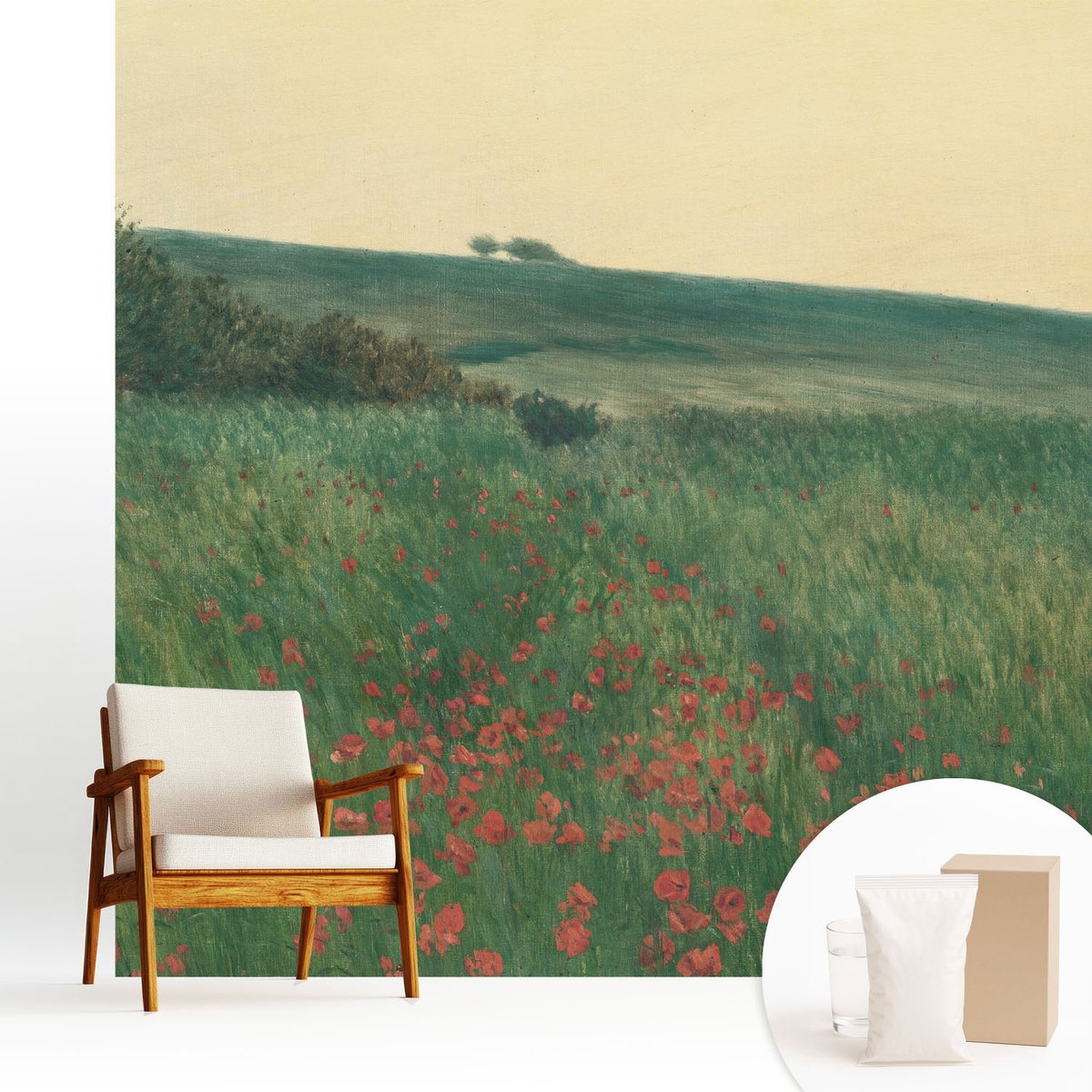 Wallfluent Fotobehang - Groente Vliesbehang - 250x250 cm - Papavervelden Muurschildering - Gang behang Landschappen - Fotobehang Vlies - Slaapkamer behang