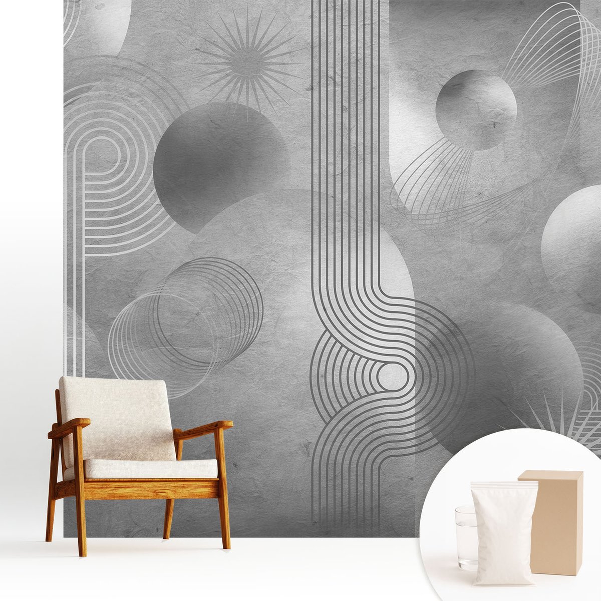 Wallfluent Fotobehang - Grijs Vliesbehang - 250x250 cm - Abstracte Elegantie Fotobehang Vlies - Woonkamer behang Abstractie - Muurschildering - Woonkamer behang