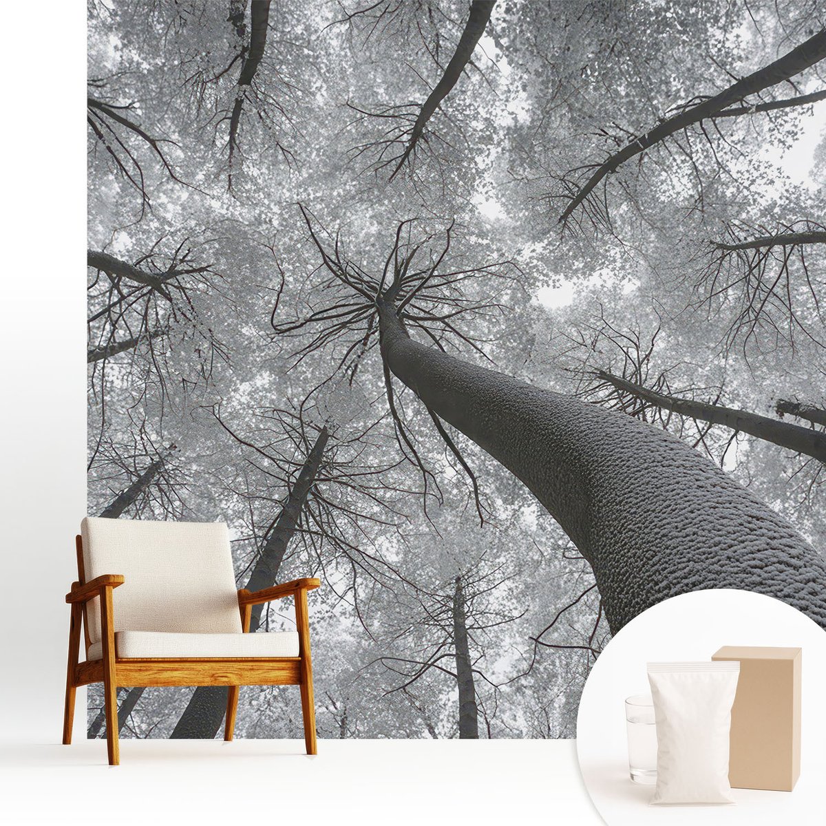Wallfluent Fotobehang - Zwart-Wit Vliesbehang - 250x250 cm - Winterlandschap Muurschildering - Slaapkamer behang Landschappen - Fotobehang Vlies - Gang behang