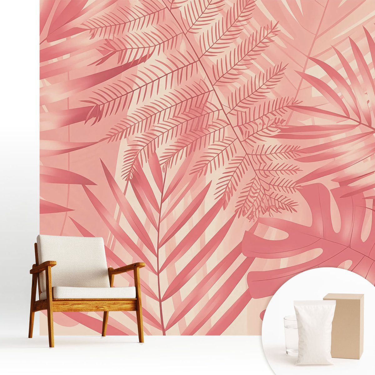 Wallfluent Fotobehang - Roze Vliesbehang - 250x250 cm - Tropische Bladeren Muurschildering - Slaapkamer behang Bloemen En Planten - Fotobehang Vlies - Gang behang