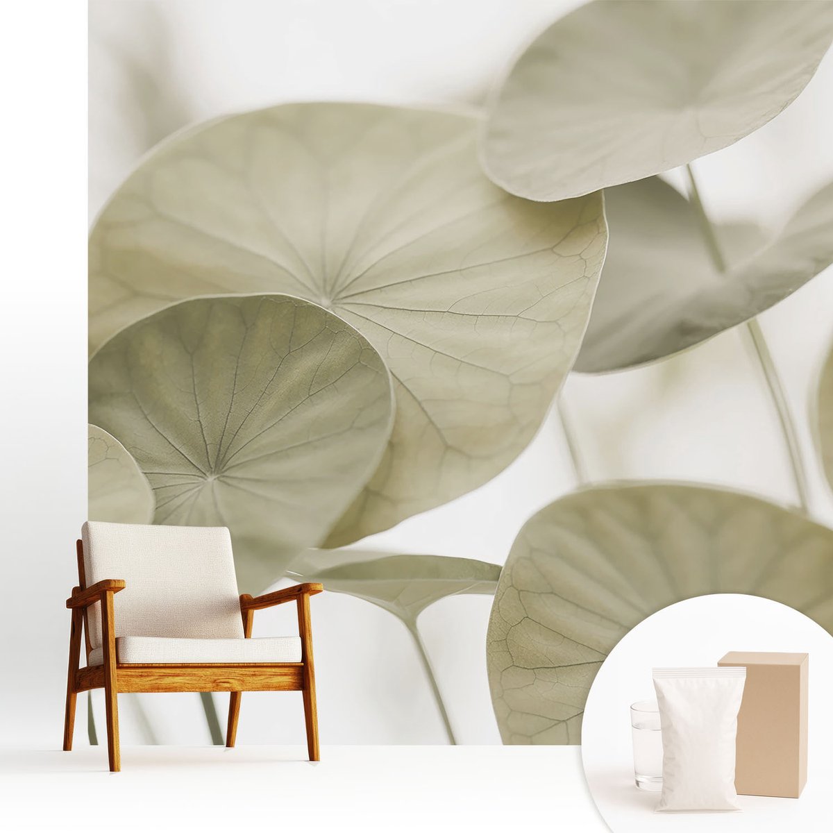 Wallfluent Fotobehang - Beige Vliesbehang - 250x250 cm - Natuurlijke Elegantie Fotobehang Vlies - Woonkamer behang Bloemen En Planten - Muurschildering - Woonkamer behang