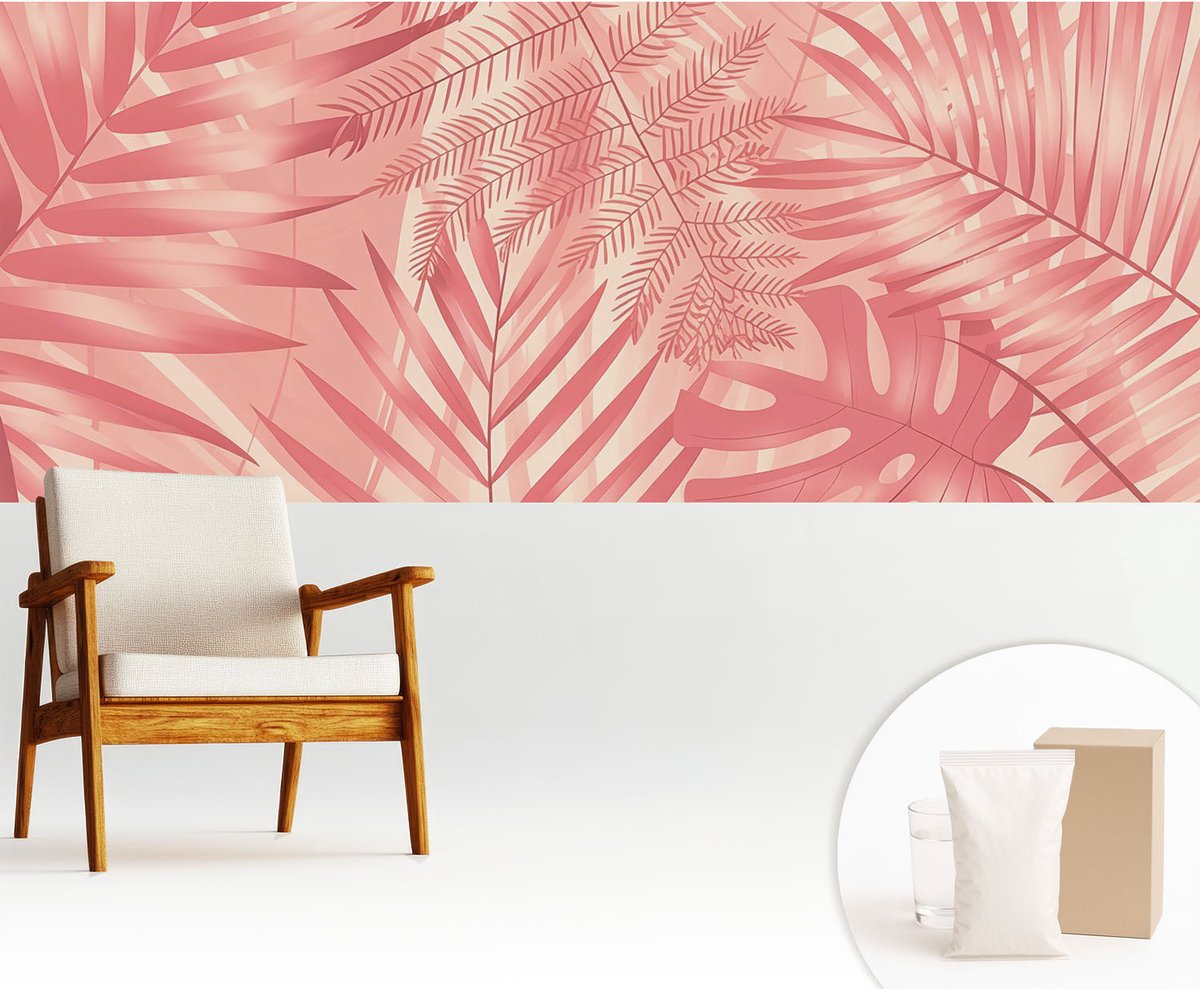 Wallfluent Fotobehang - Roze Vliesbehang - 250x104 cm - Tropische Bladeren Muurschildering - Slaapkamer behang Bloemen En Planten - Fotobehang Vlies - Gang behang