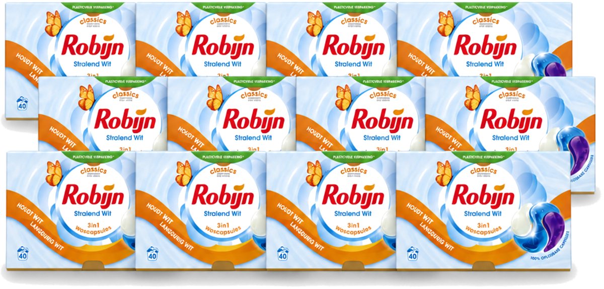 12 x Robijn - Stralend Wit - 3-in-1 Wascapsules - Houdt Langdurig Wit - 40 Wascapsules - Voordeelverpakking - 12 stuks