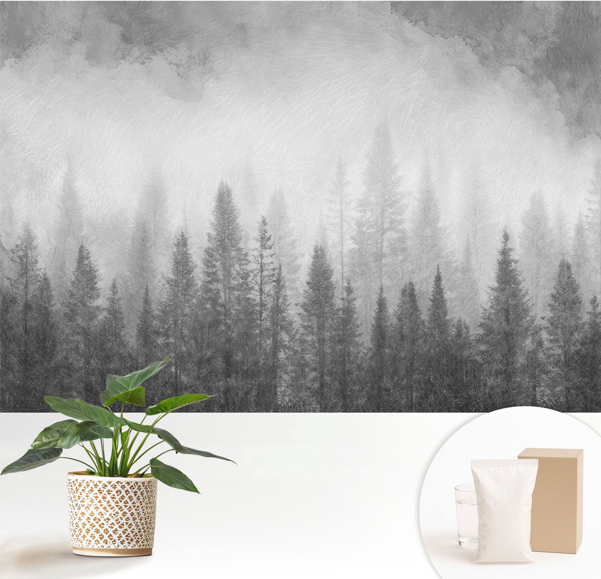 Wallfluent Fotobehang - Zwart-Wit Vliesbehang - 152x104 cm - Bosmist Fotobehang Vlies - Woonkamer behang Landschappen - Muurschildering - Woonkamer behang