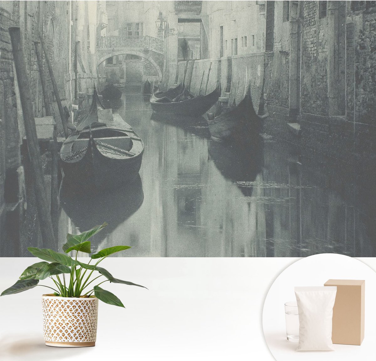 Wallfluent Fotobehang - Grijs Vliesbehang - 152x104 cm - Oud Kanaal Muurschildering - Gang behang Architectuur - Fotobehang Vlies - Slaapkamer behang
