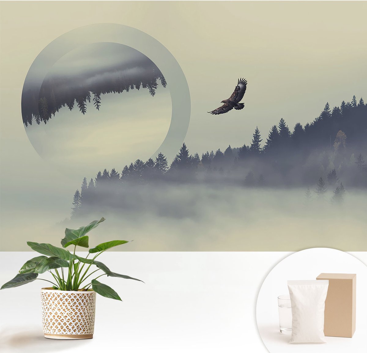 Wallfluent Fotobehang - Grijs Vliesbehang - 152x104 cm - Boslandschap Fotobehang Vlies - Hal behang Landschappen - Muurschildering - Hal behang