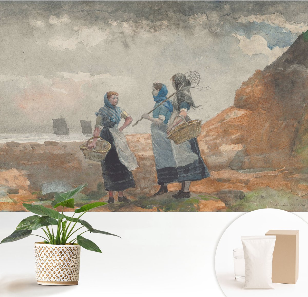 Wallfluent Fotobehang - Grijs Vliesbehang - 152x104 cm - Een Serene Kust Muurschildering - Slaapkamer behang Deel - Fotobehang Vlies - Gang behang