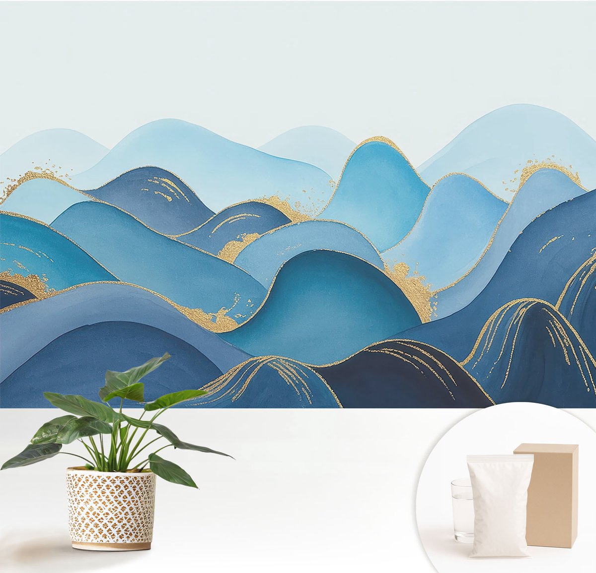 Wallfluent Fotobehang - Blauw Vliesbehang - 152x104 cm - Glooiend Landschap Muurschildering - Slaapkamer behang Abstractie - Fotobehang Vlies - Slaapkamer behang