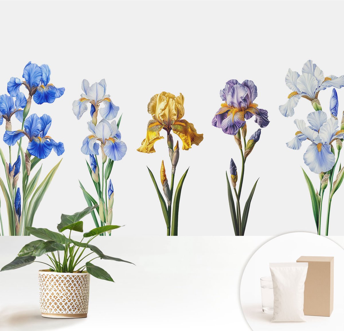 Wallfluent Fotobehang - Blauw Vliesbehang - 152x104 cm - Irisbloemen Muurschildering - Slaapkamer behang Bloemen En Planten - Fotobehang Vlies - Slaapkamer behang