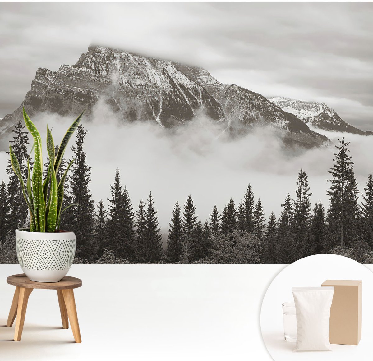 Wallfluent Fotobehang - Zwart-Wit Vliesbehang - 208x146 cm - Berglandschap Muurschildering - Slaapkamer behang Landschappen - Fotobehang Vlies - Slaapkamer behang